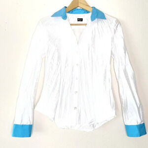 Beluva San Francisco Pleated Button Down Shirt Blouse White Blue Women's XS